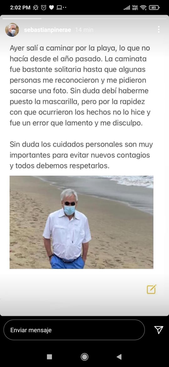 Piñera comunicado disculpa mascarilla playa cachagua