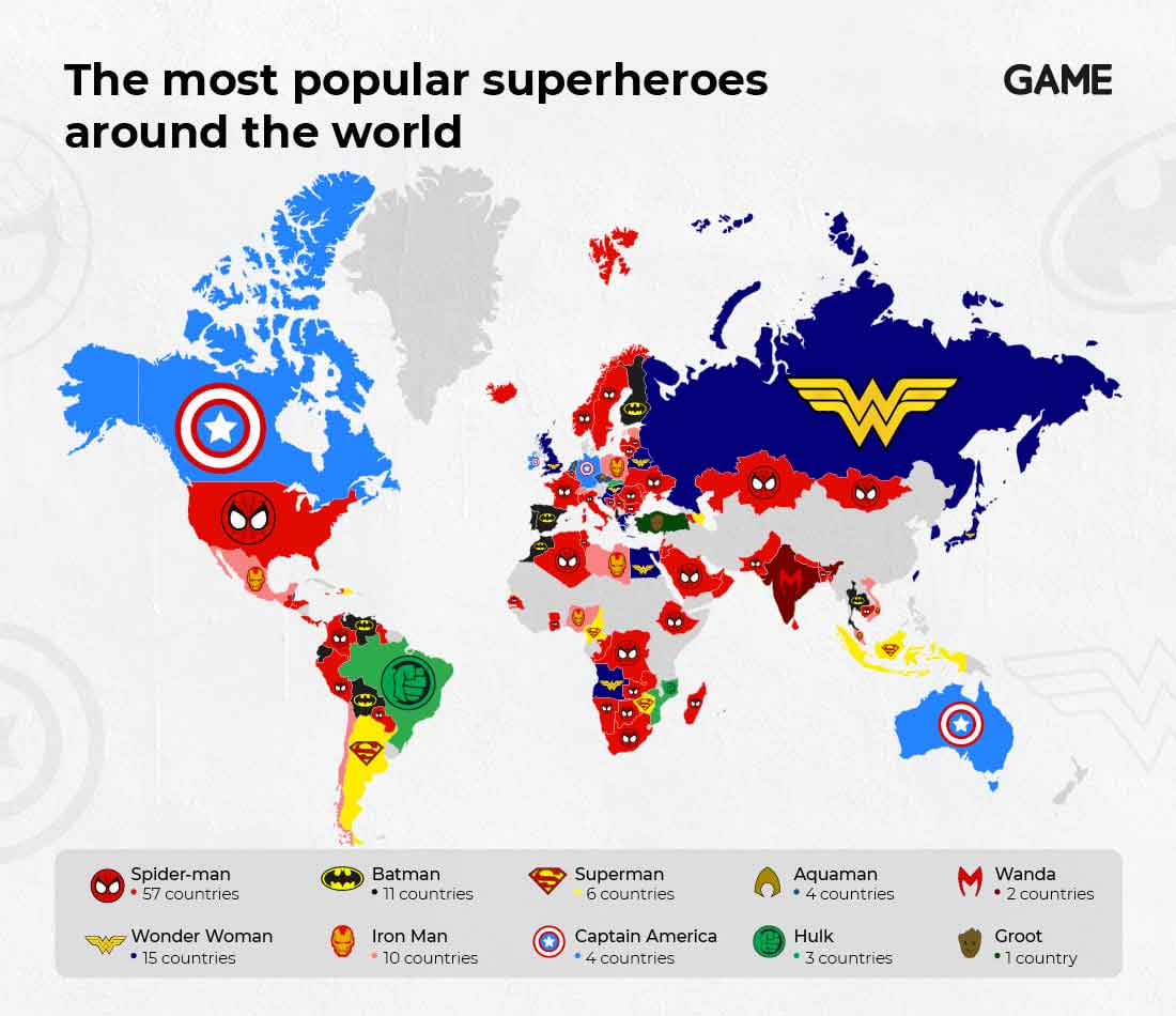 ¿Marvel o DC? Mapa muestra los superhéroes más famosos de cada país