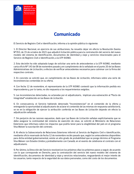 Aisino Comunicado Registro Civil