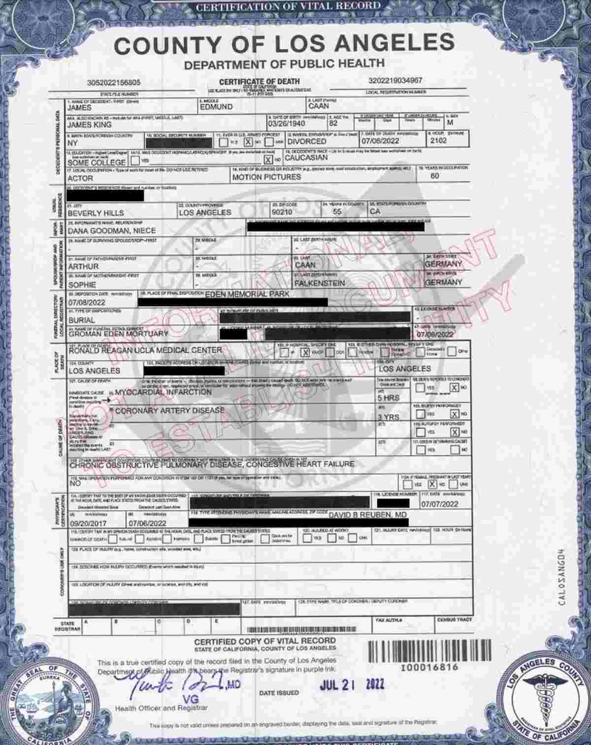 Certificado Defunción James Caan