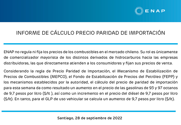 Comunicado De ENAP 28 De Septiembre De 2022