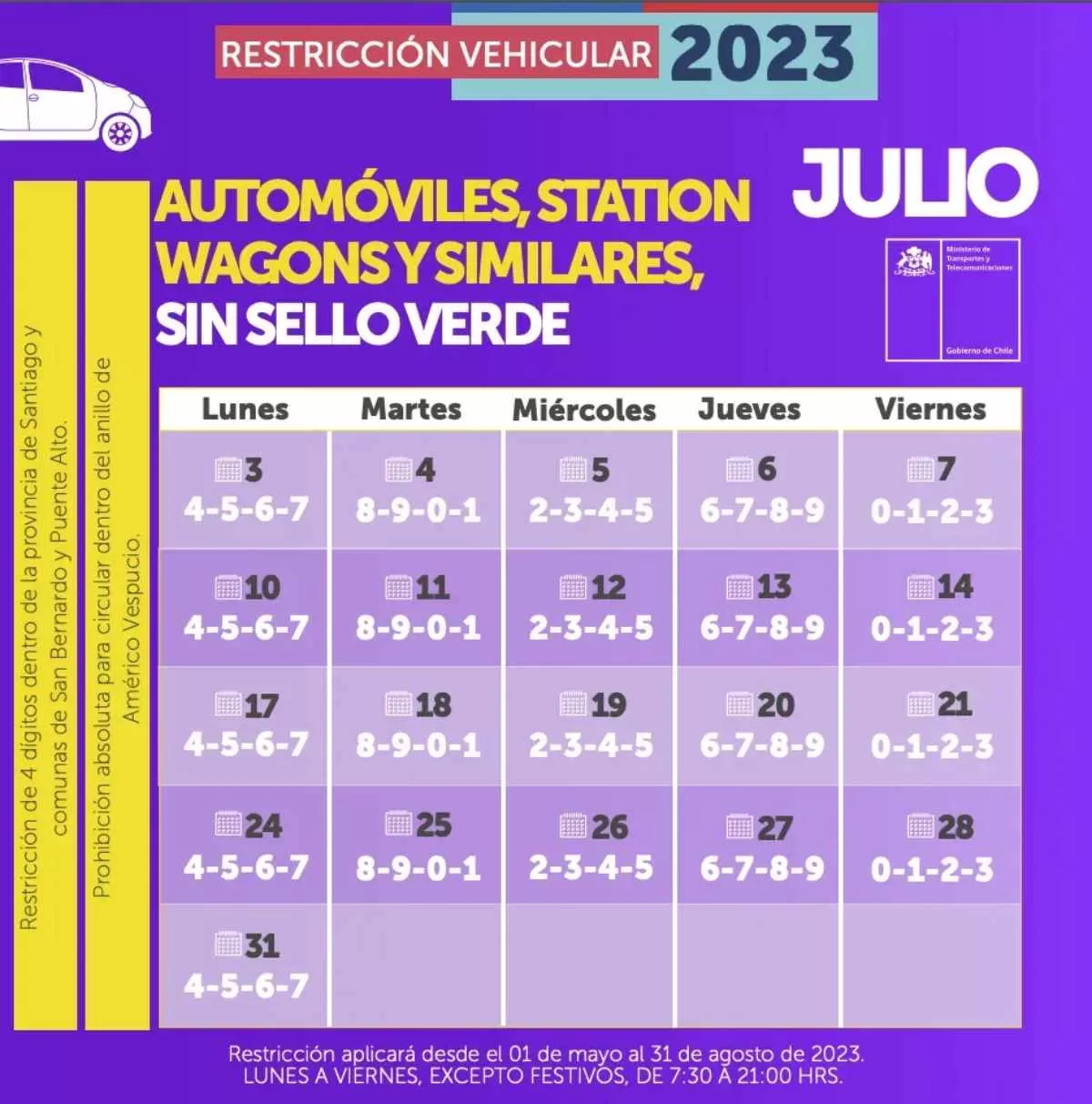 Restricción Vehicular Calendario Julio 2023 Autos Sin Sello Verde