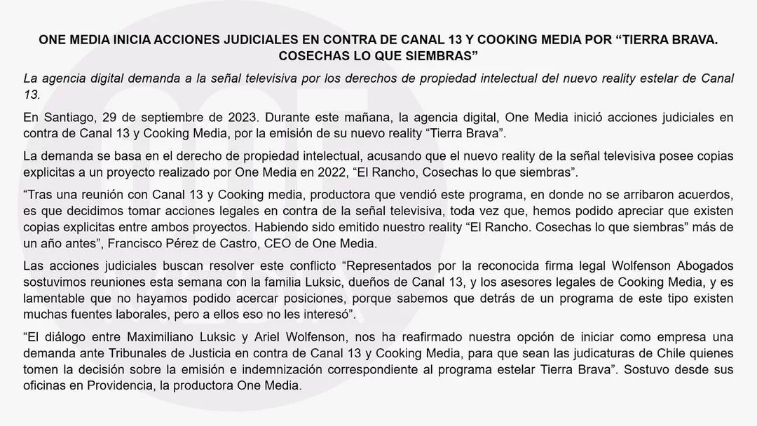 One Media Comunicado Tierra Brava