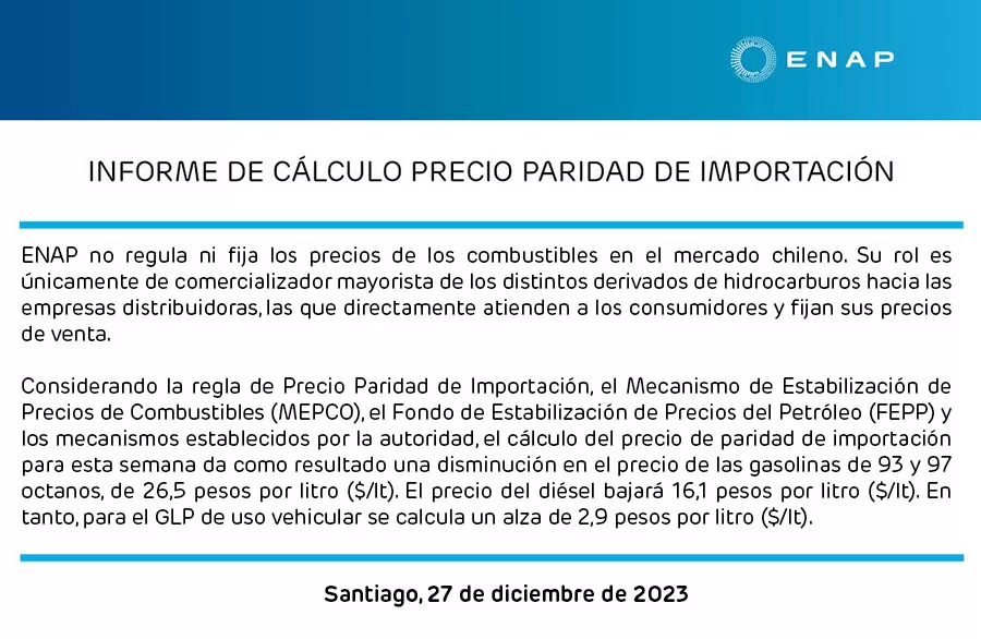 ENAP Precio De La Bencina 27 De Diciembre 2023