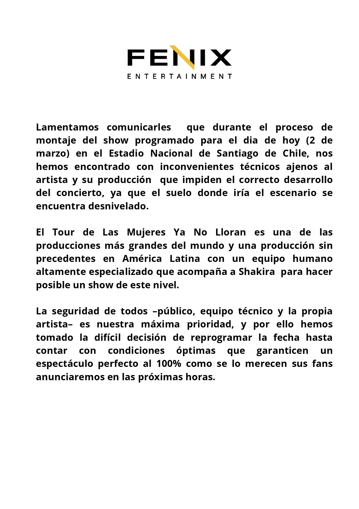 Comunicado Shakira En Chile Marzo 2