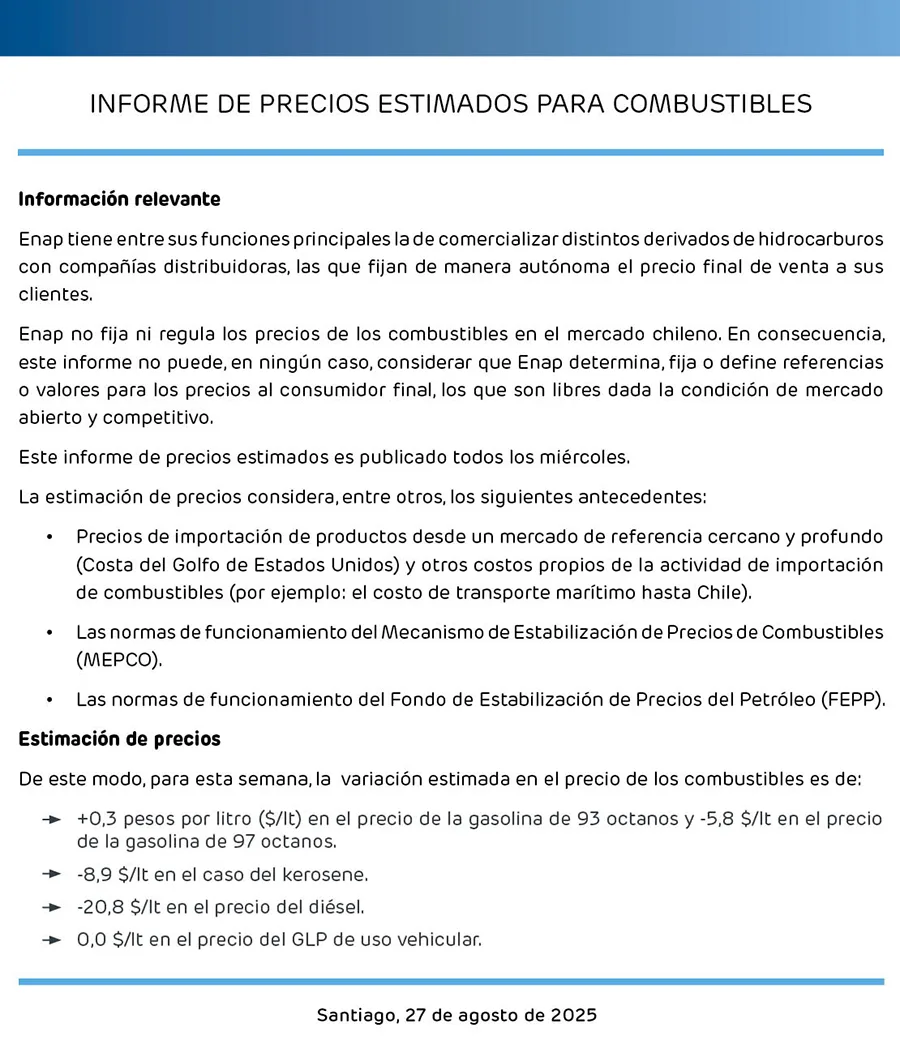 ENAP Informe Semanal De Precios 27 De Agosto 2025